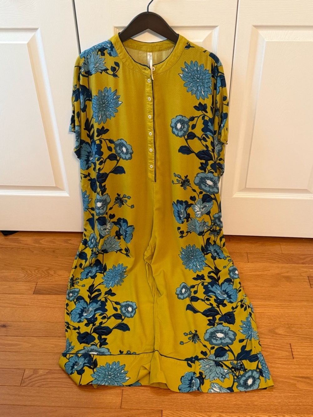 By Anthropologie Button-Front Oversized Jumpsuit in Yellow and Blue Floral - Picture 2 of 4
